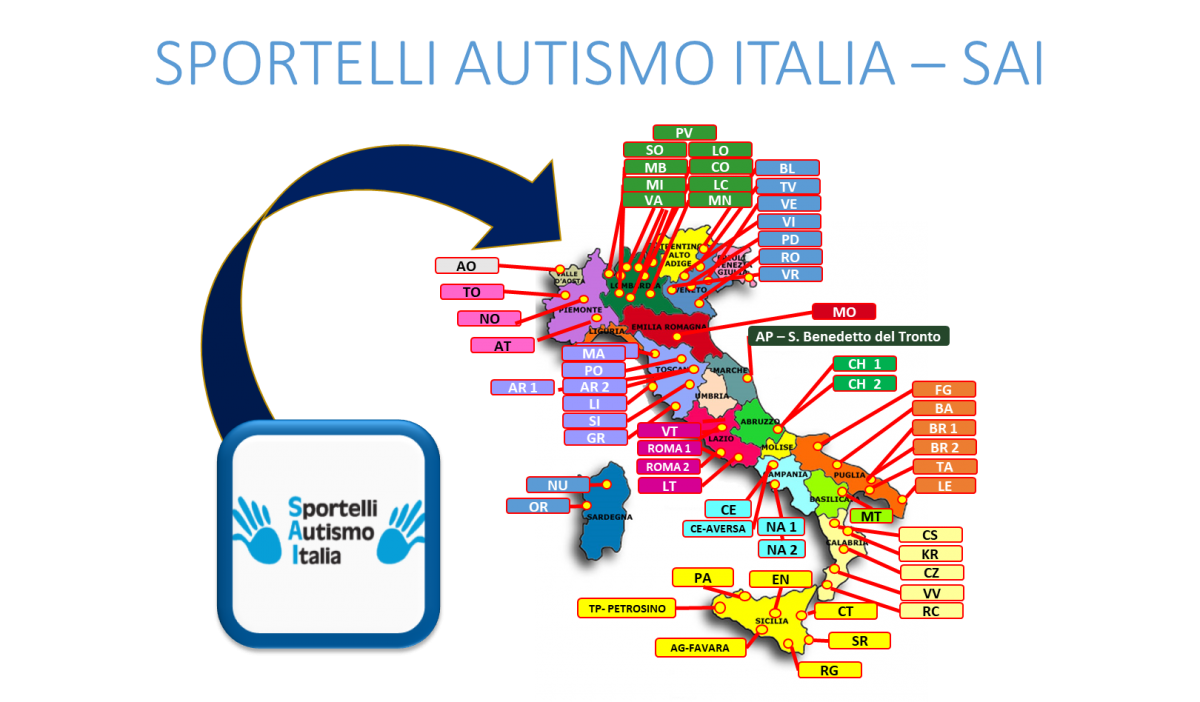 Immagine con gli Sportelli Autismo Rete SAI distribuiti nelle regioni e province di in Italia