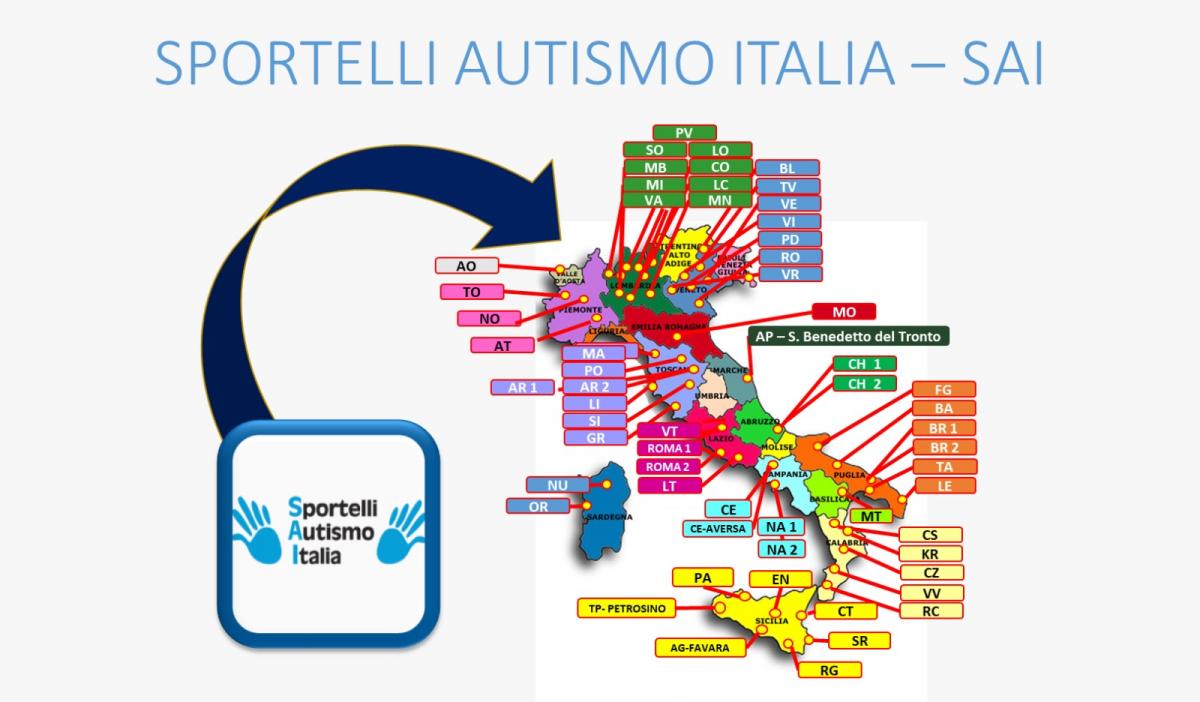 Immagine con gli Sportelli Autismo Rete SAI distribuiti nelle regioni e province di in Italia